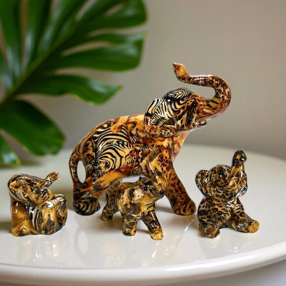 La Vie Glazed Patchwork Elephant Safari Print Figurines Set - Picture 1 of 9
